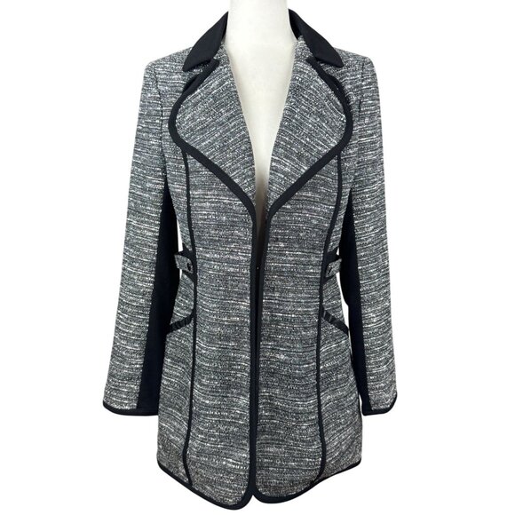 Laundry by Shelli Segal Black Gray Flare Coat Jacket Womens Size 6 Contrast Trim - Picture 2 of 16